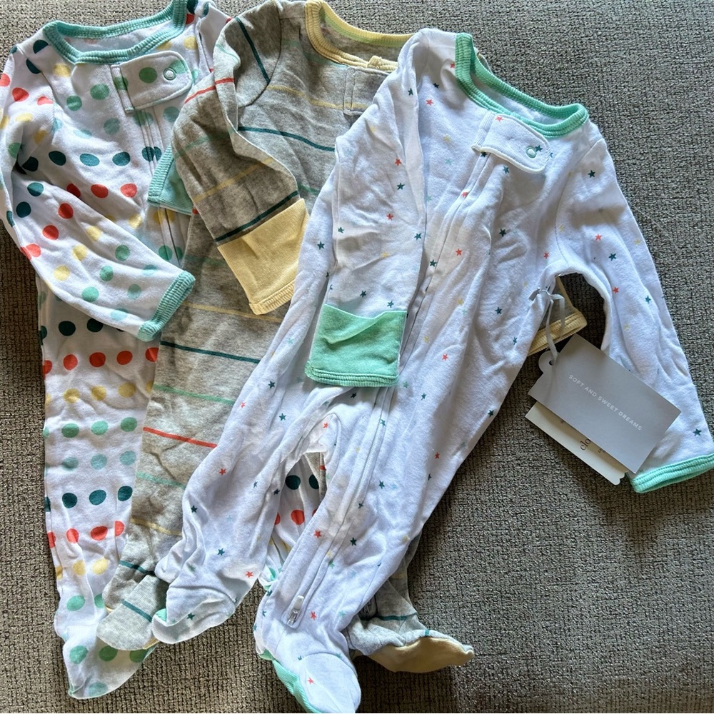3-Pack Baby Footed Sleepers - Mint Trim, Polka Dot & Stars